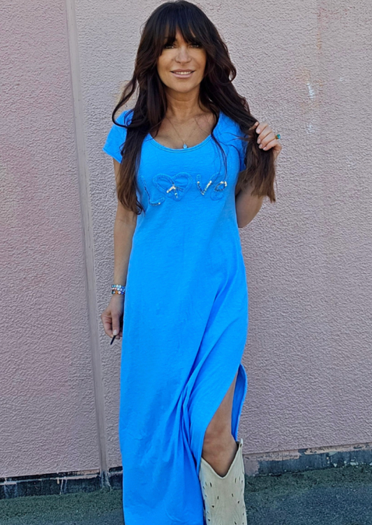 Blå lang kjole med splitt