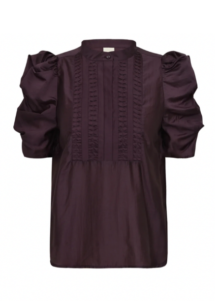 Plommefarget bluse med korte puffermer