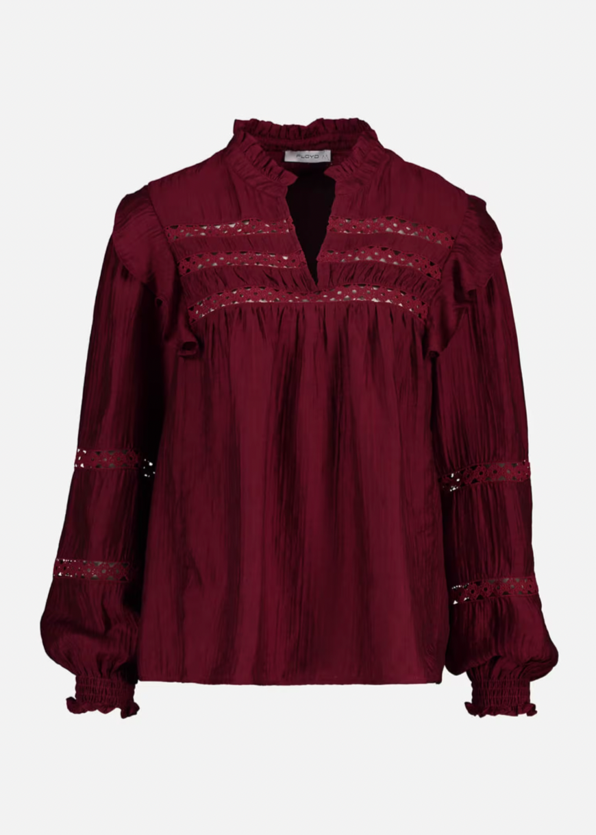 Burgunderfarget bluse med ballongermer