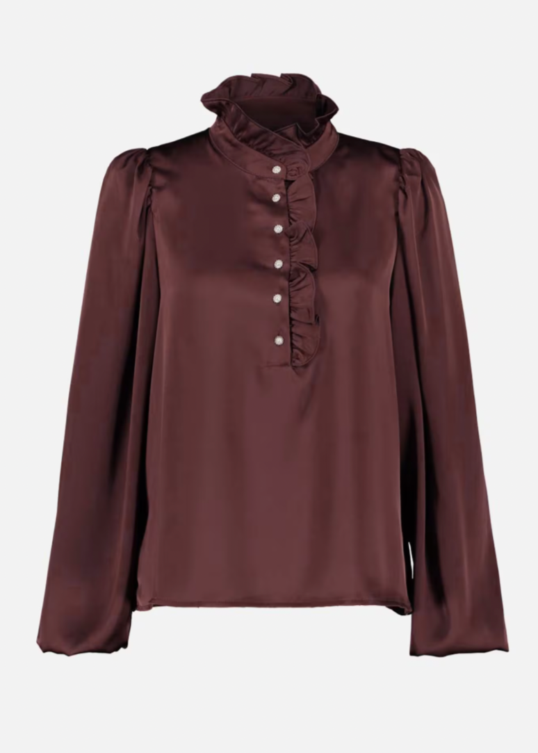 Brun bluse med ballongermer og rysjedetaljer