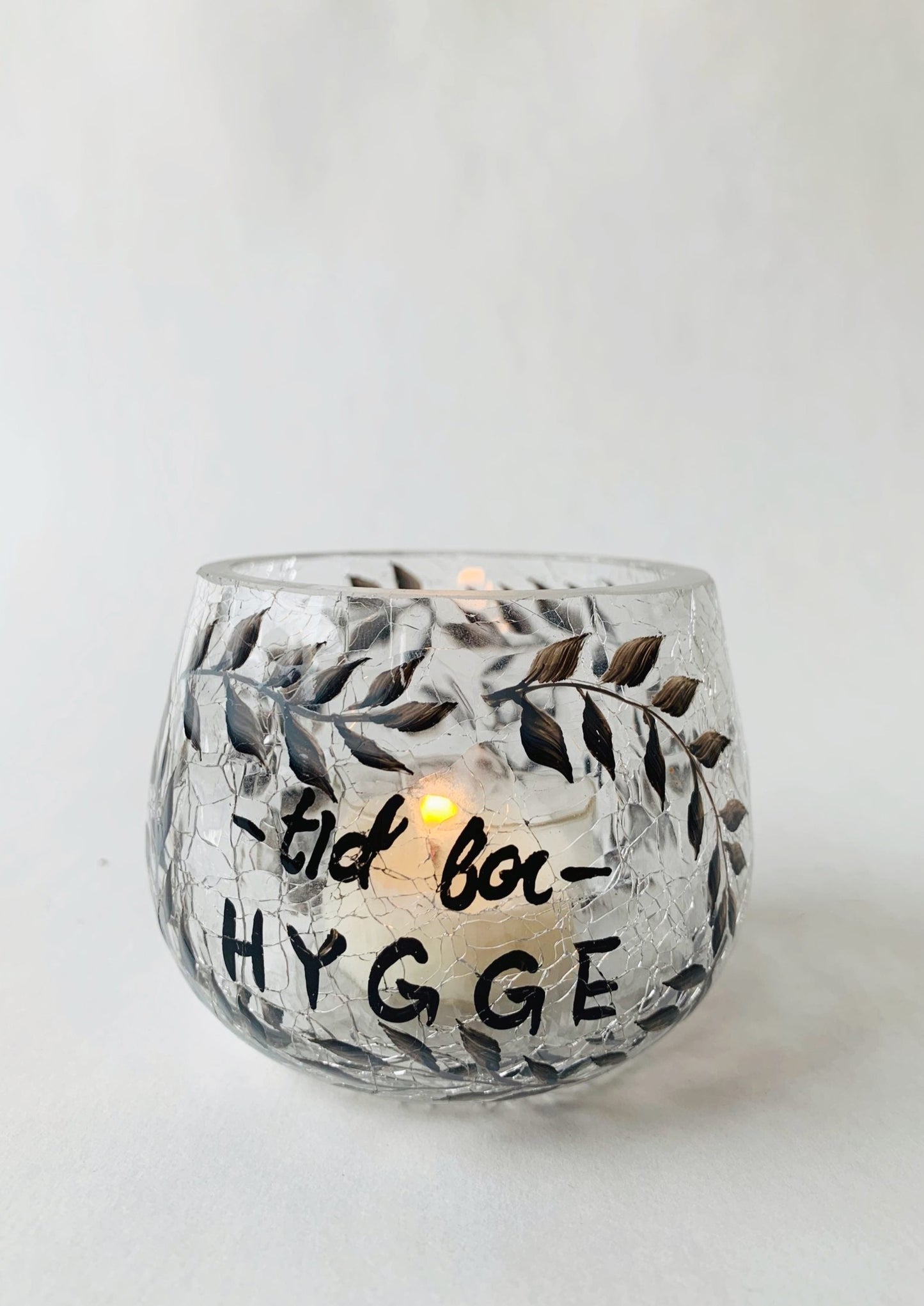 Håndmalt lysglass "Tid for hygge"