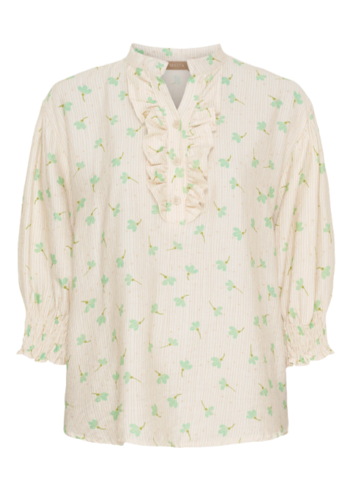 Skjorte med volangkrage og grønne blomster