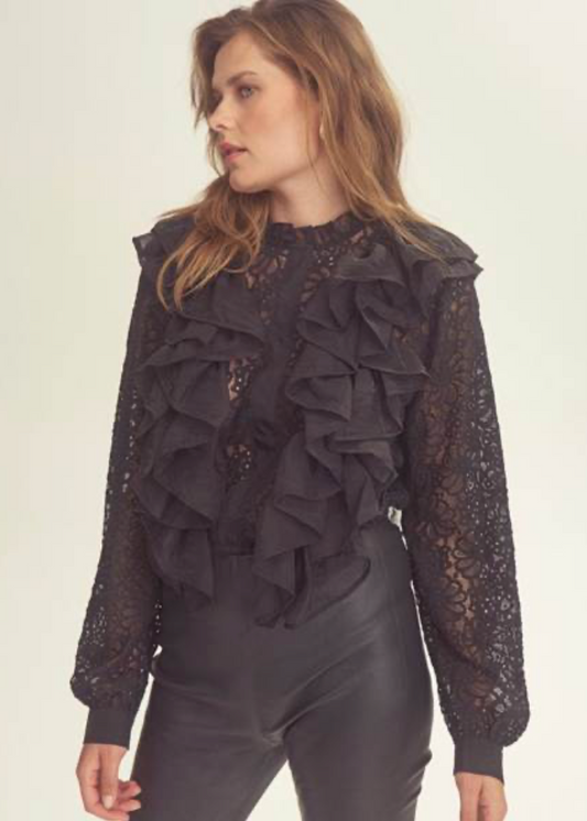 Svart bluse med volangdetaljer