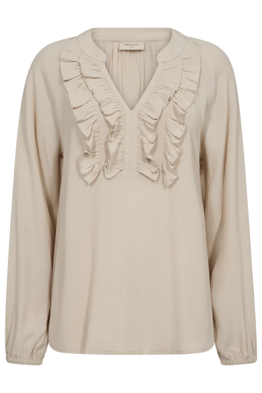 Bluse i beige med volanger