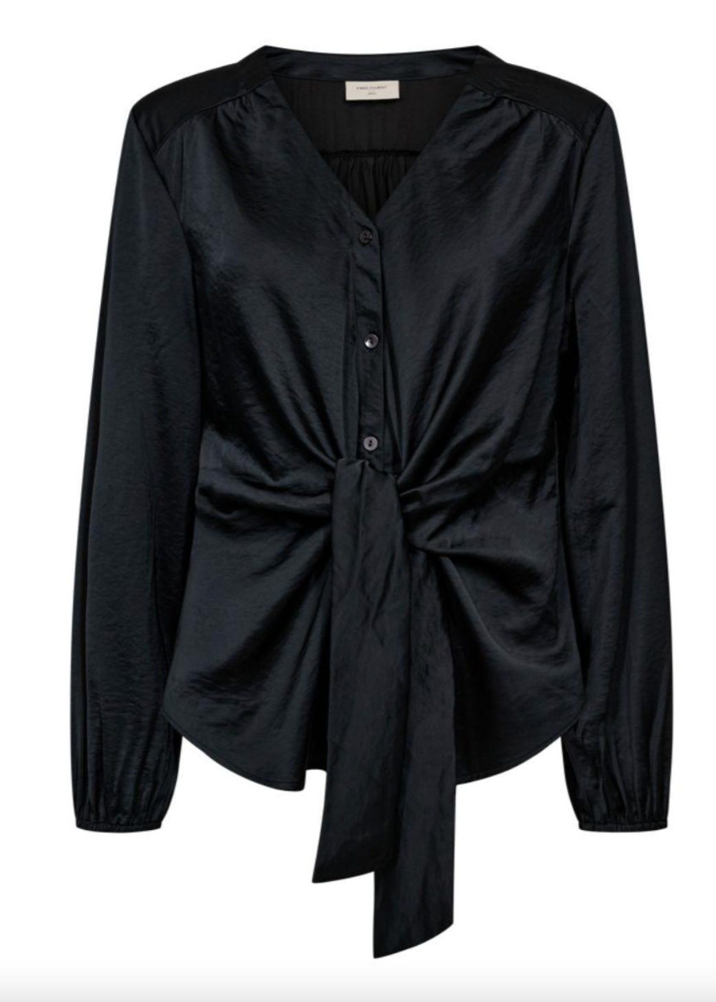 Svart satengbluse med knytedetalj
