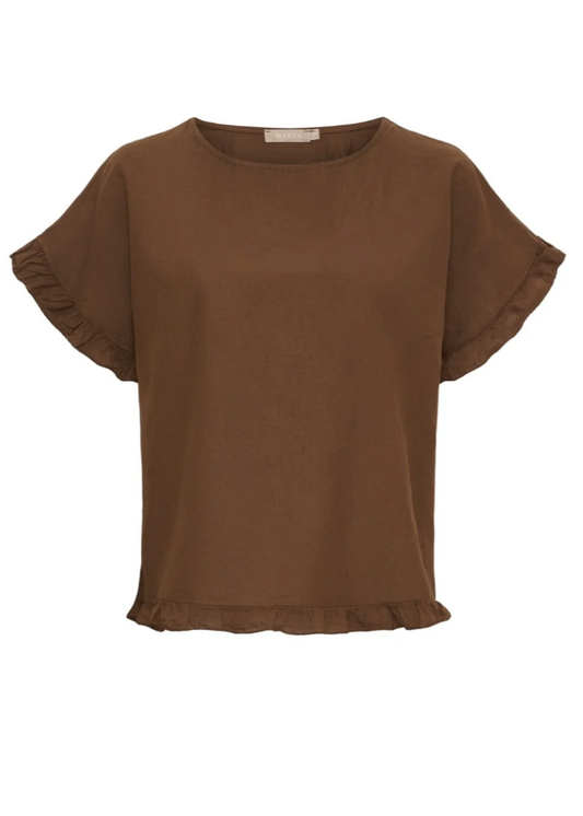 Brun topp med korte ermer og volanger