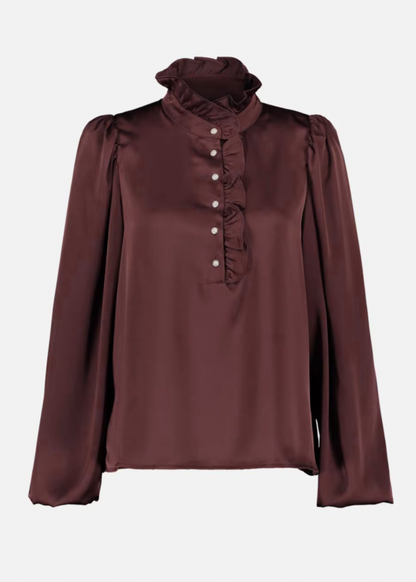 Brun bluse med ballongermer og rysjedetaljer