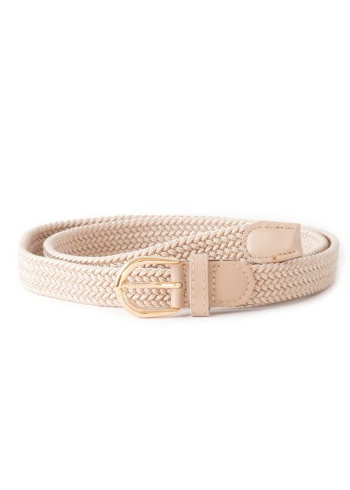 Beige strikkebelte med gullspenne