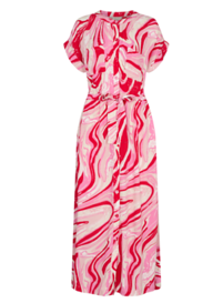 Lang mønstret kjole i rødt/rosa